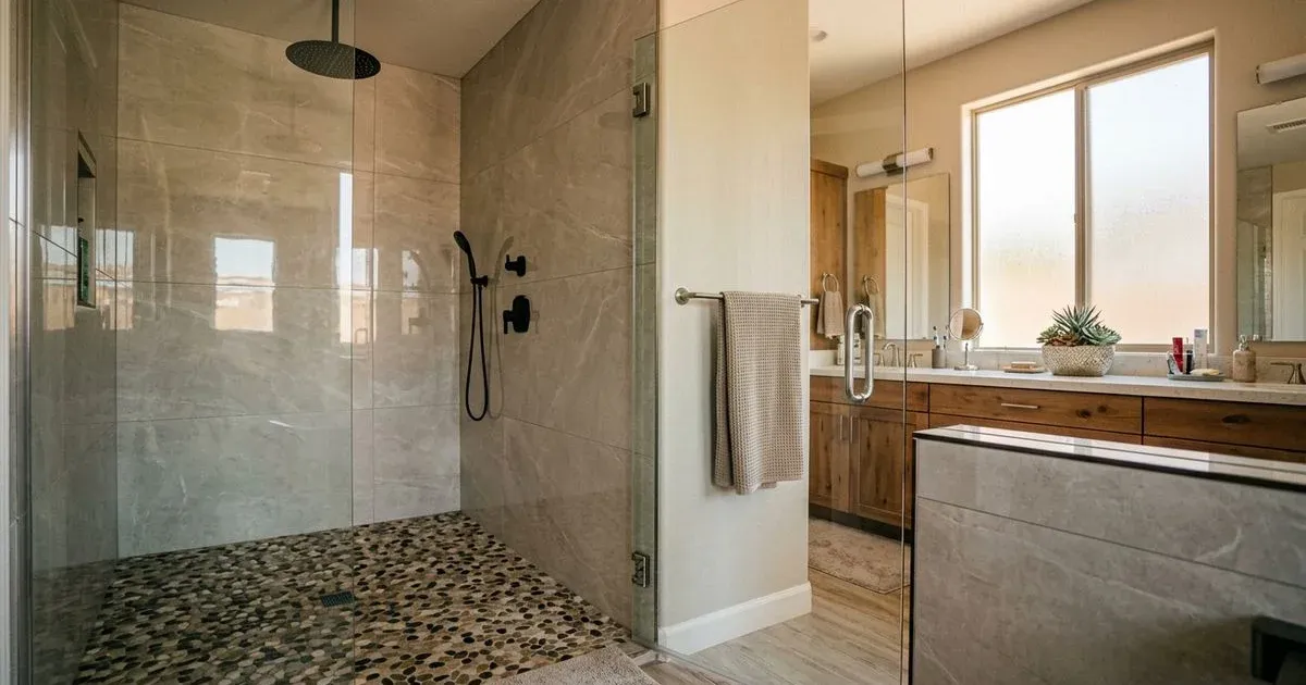 Custom tile walk-in shower with mosaic floor and large format wall tile