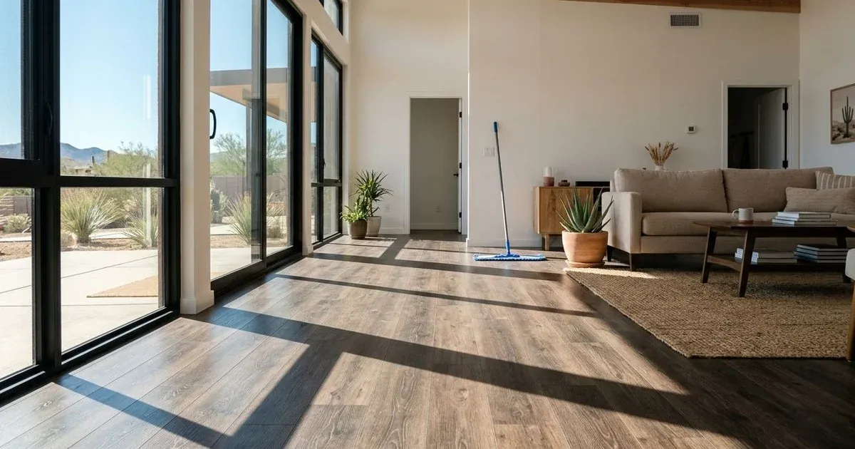 Clean well-maintained luxury vinyl plank floor in bright modern living room