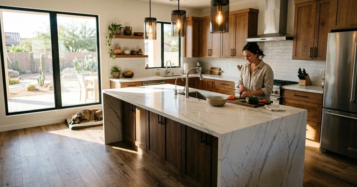 Modern Arizona kitchen with new luxury vinyl plank flooring and island
