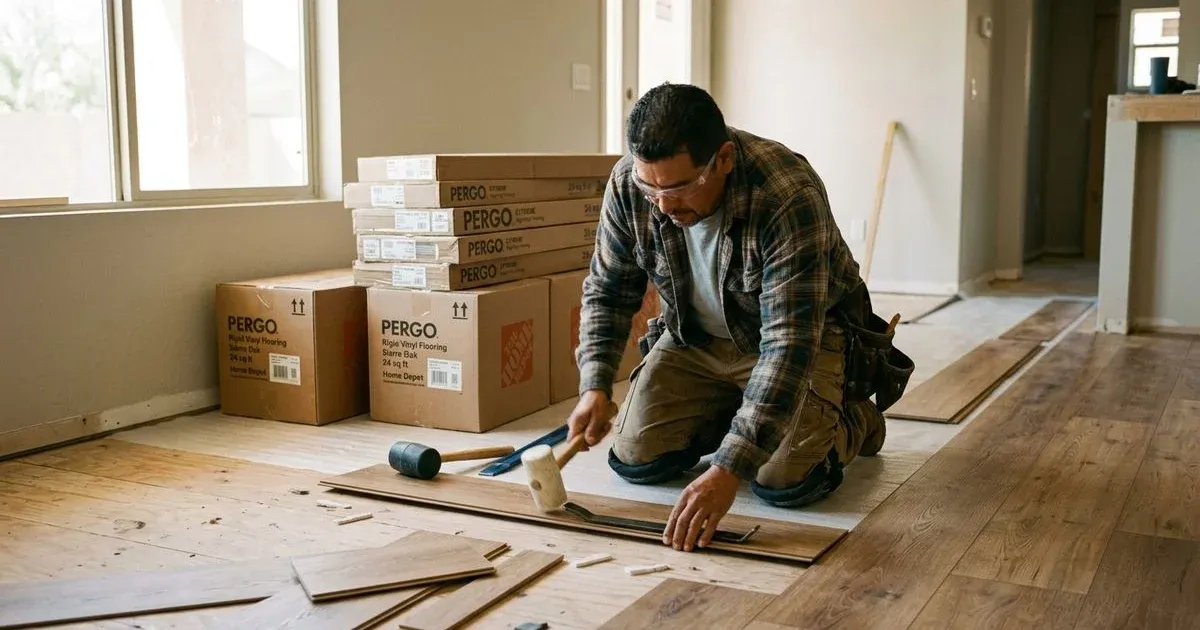 Professional installer laying homeowner-purchased luxury vinyl plank flooring