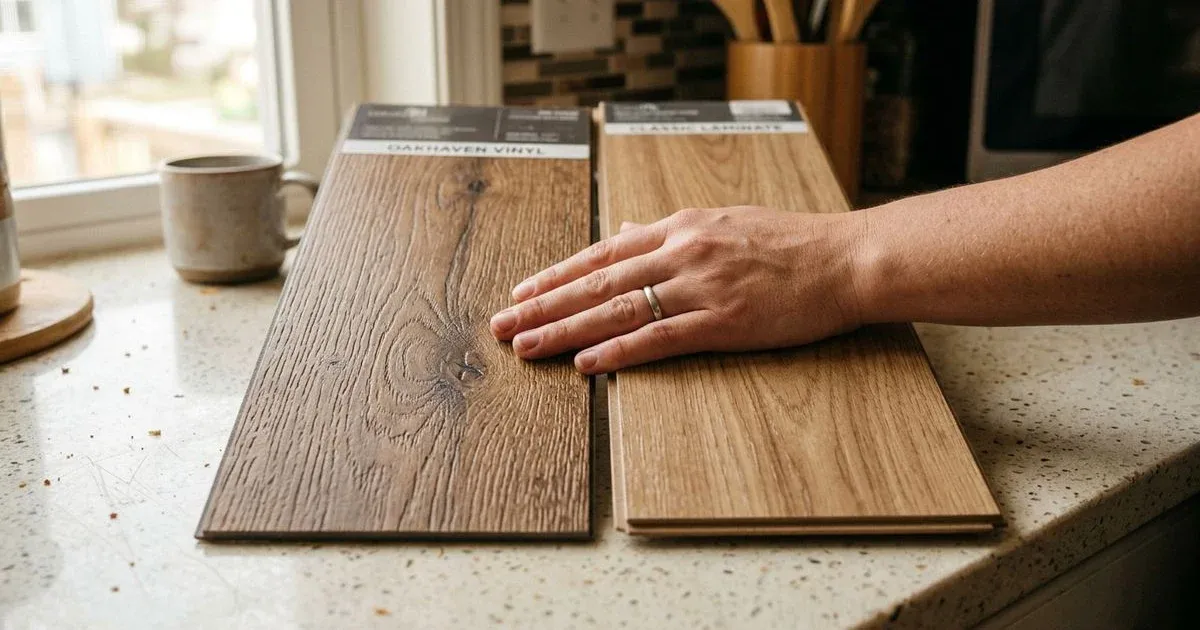 Side by side comparison of luxury vinyl plank and laminate flooring samples